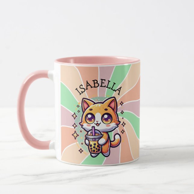 Niedlich Kawaii Kitten mit Bubble Tee Personalisie Tasse (Links)