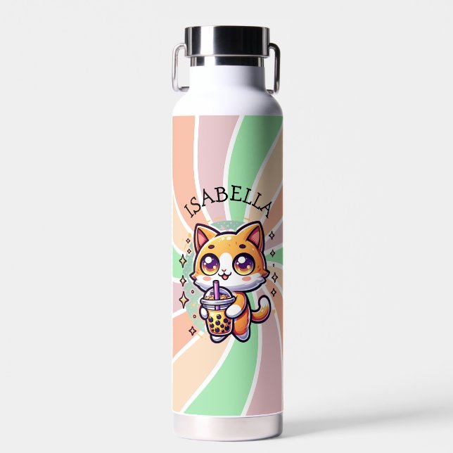 Niedlich Kawaii Kitten mit Bubble Tee Personalisie Trinkflasche (Vorne)