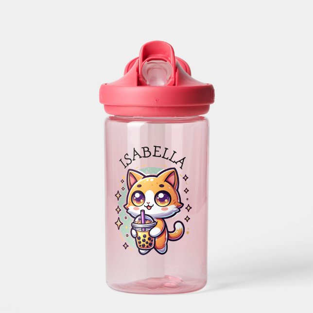 Niedlich Kawaii Kitten mit Bubble Tee Personalisie Trinkflasche (Vorne)