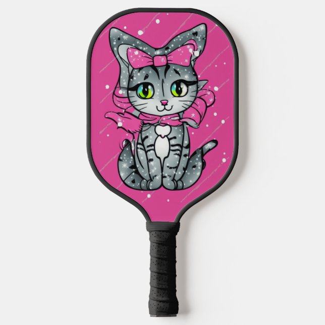 Niedlich Kawaii Kitten mit einem Glitzer Rosa Hint Pickleball Schläger (Vorderseite)