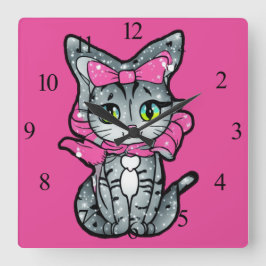 Niedlich Kawaii Kitten mit einem Glitzer Rosa Hint Quadratische Wanduhr