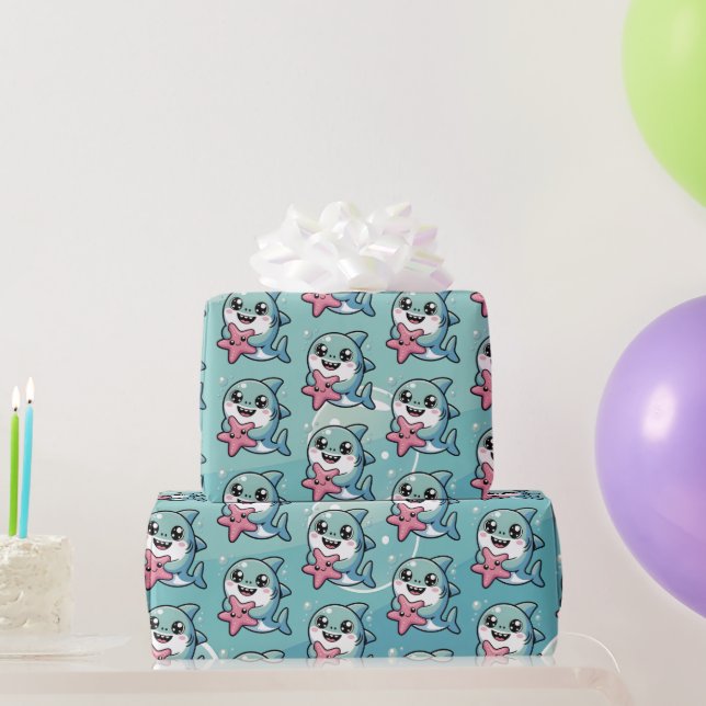 Niedlich Kawaii Little Shark & Starfish Geschenkpapier (Partygeschenke)