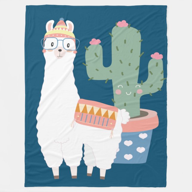Niedlich Kawaii Llama und Kaktus Illustration Fleecedecke (Vorderseite)