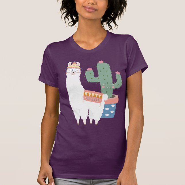 Niedlich Kawaii Llama und Kaktus Illustration T-Shirt (Vorderseite)
