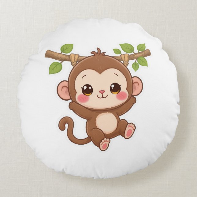 Niedlich Kawaii Monkey Rundes Kissen (Vorderseite)