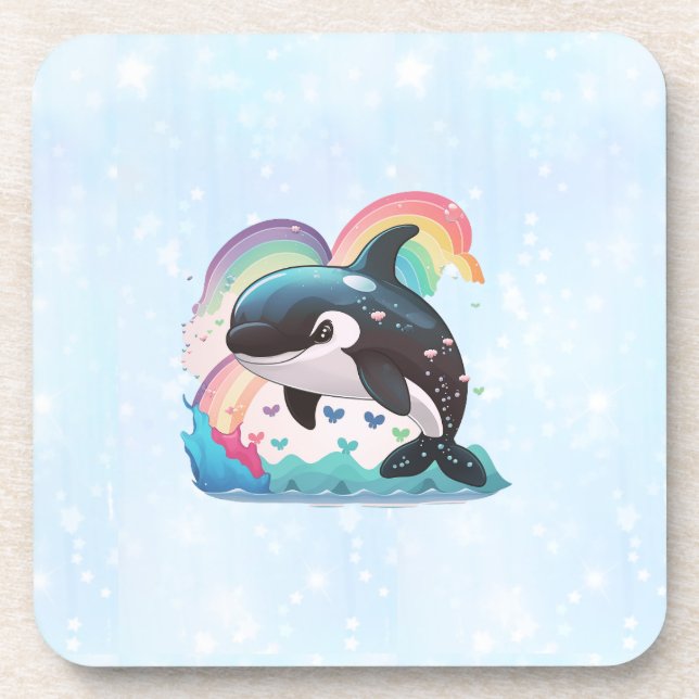 Niedlich Kawaii Orca Killer Whale Rainbows Schmett Getränkeuntersetzer (Vorderseite)