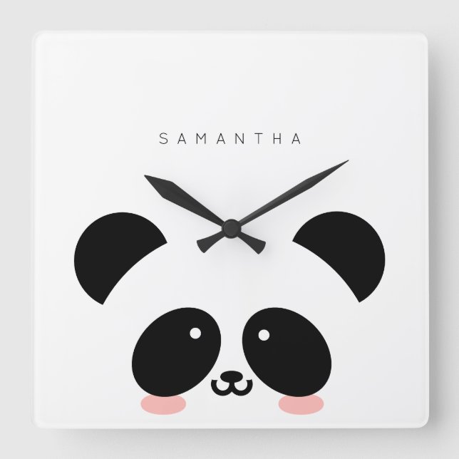 Niedlich Kawaii Panda | Name hinzufügen Quadratische Wanduhr (Vorderseite)