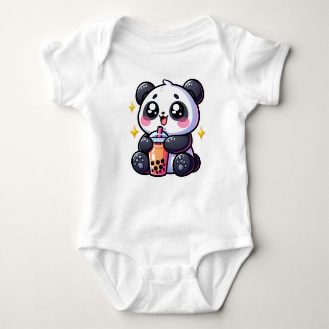 Niedlich Kawaii Panda trinkt Boba Bubble Tea Kawai Baby Strampler (Vorderseite)