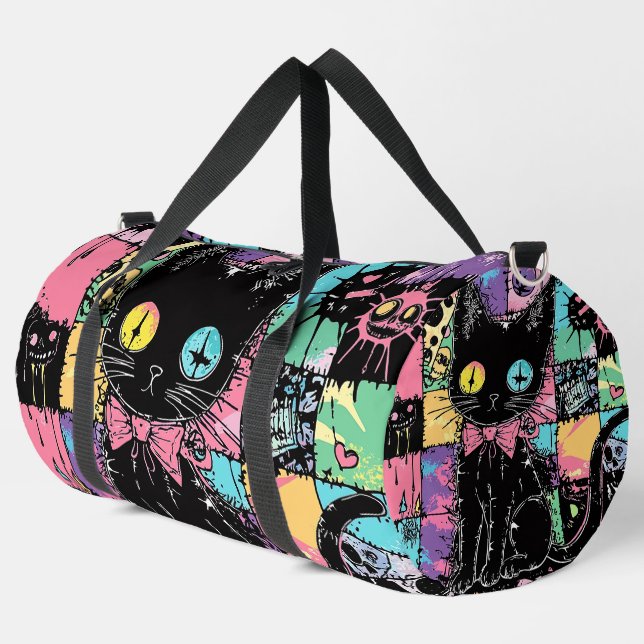 Niedlich Kawaii Pastel Goth Patchwork Creepy Cat Duffle Bag (Linke Ecke)