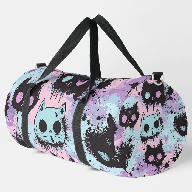Niedlich Kawaii Pastel Goth Patchwork Creepy Cat Duffle Bag (Linke Ecke)