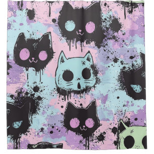 Niedlich Kawaii Pastel Goth Patchwork Creepy Cat Duschvorhang