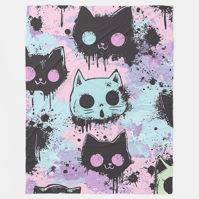 Niedlich Kawaii Pastel Goth Patchwork Creepy Cat Fleecedecke (Vorderseite)