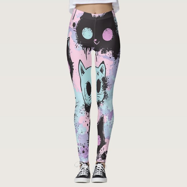 Niedlich Kawaii Pastel Goth Patchwork Creepy Cat Leggings (Vorderseite)