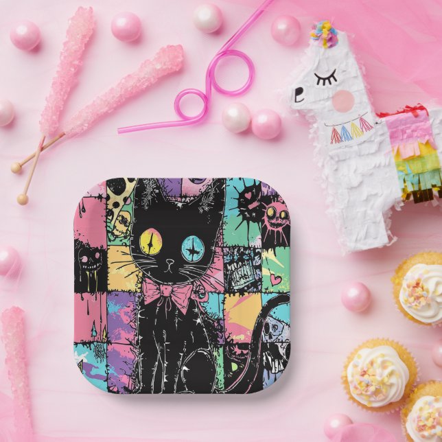 Niedlich Kawaii Pastel Goth Patchwork Creepy Cat Pappteller (Party)
