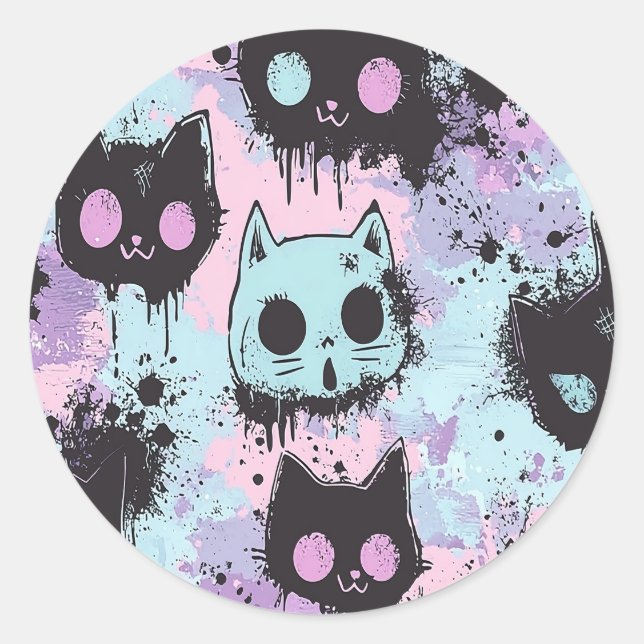 Niedlich Kawaii Pastel Goth Patchwork Creepy Cat Runder Aufkleber (Vorderseite)