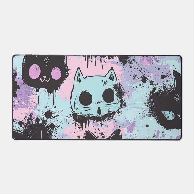 Niedlich Kawaii Pastel Goth Patchwork Creepy Cat Schreibtischunterlage (Vorderseite)