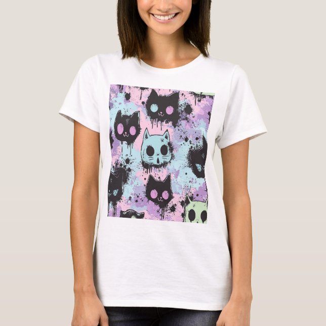 Niedlich Kawaii Pastel Goth Patchwork Creepy Cat T-Shirt (Vorderseite)