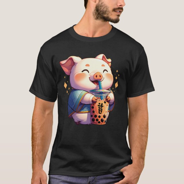 Niedlich Kawaii Pig Drink Bubble Tee Tee Lover (Vorderseite)