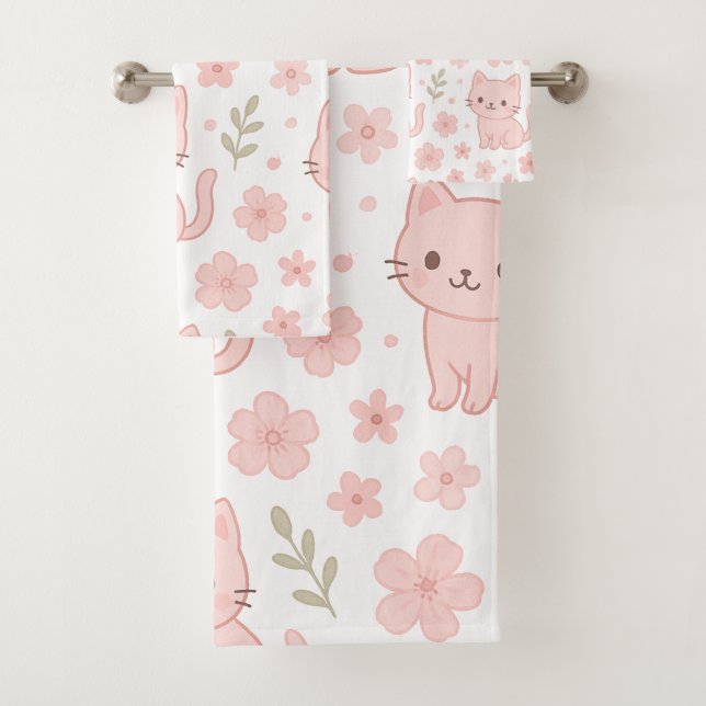 Niedlich Kawaii Pink Katzen und Blume Handtuchhalt Badhandtuch Set (Insitu)