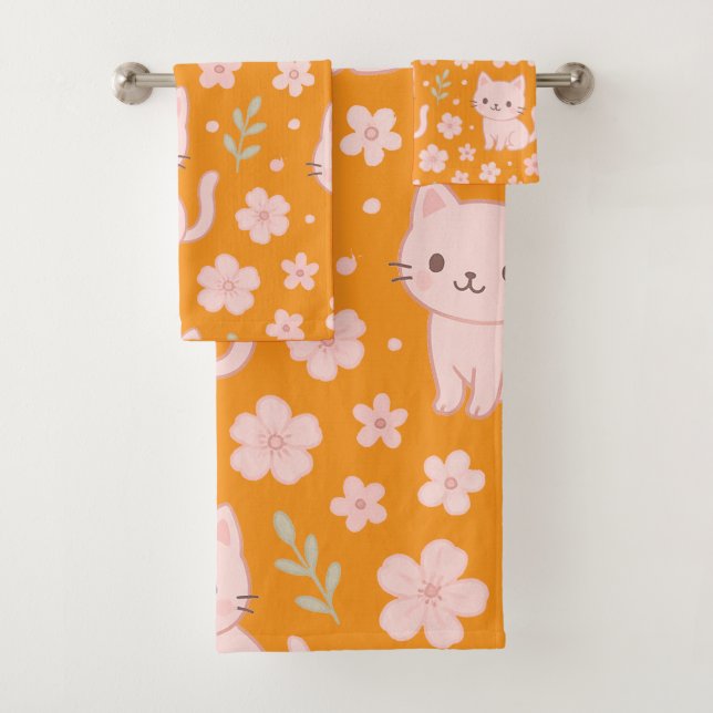 Niedlich Kawaii Pink Katzen und Blume Handtuchhalt Badhandtuch Set (Insitu)