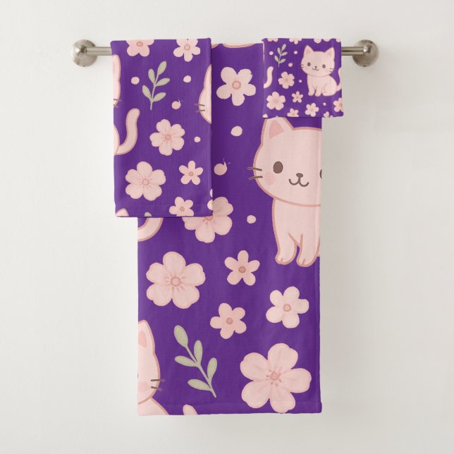Niedlich Kawaii Pink Katzen und Blume Handtuchhalt Badhandtuch Set (Insitu)