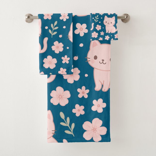 Niedlich Kawaii Pink Katzen und Blume Handtuchhalt Badhandtuch Set (Insitu)