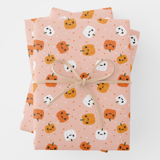 Niedlich Kawaii Pumpkin Faces Pattern Geschenkpapier Set (Beispiel)