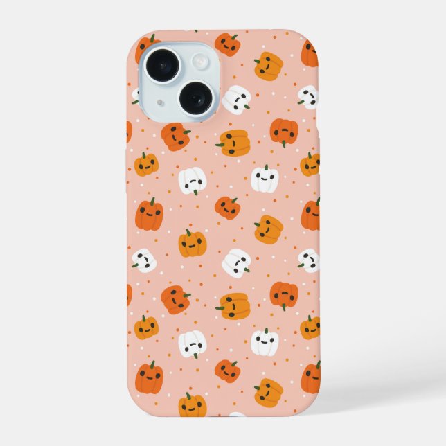 Niedlich Kawaii Pumpkin Faces Pattern iPhone 15 Hülle (Rückseite)