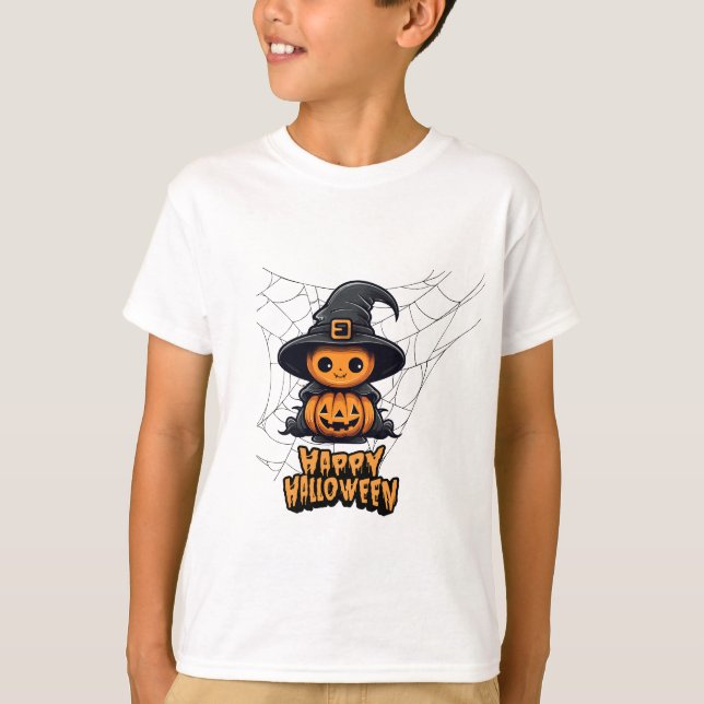 Niedlich Kawaii Pumpkin Hexe Happy Halloween T-Shirt (Vorderseite)