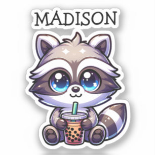 Niedlich Kawaii Raccoon mit Bubble Tee Personalisi Aufkleber