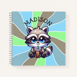 Niedlich Kawaii Raccoon mit Bubble Tee Personalisi Notizbuch