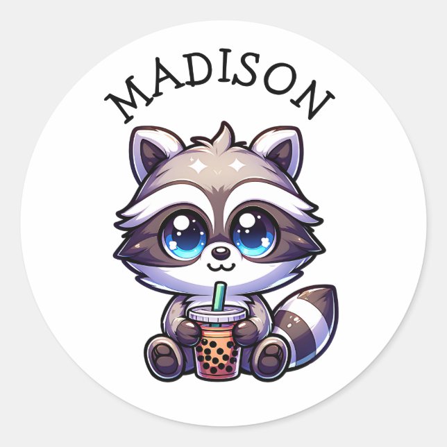 Niedlich Kawaii Raccoon mit Bubble Tee Personalisi Runder Aufkleber (Vorderseite)