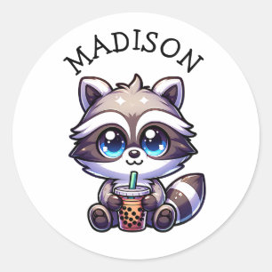 Niedlich Kawaii Raccoon mit Bubble Tee Personalisi Runder Aufkleber