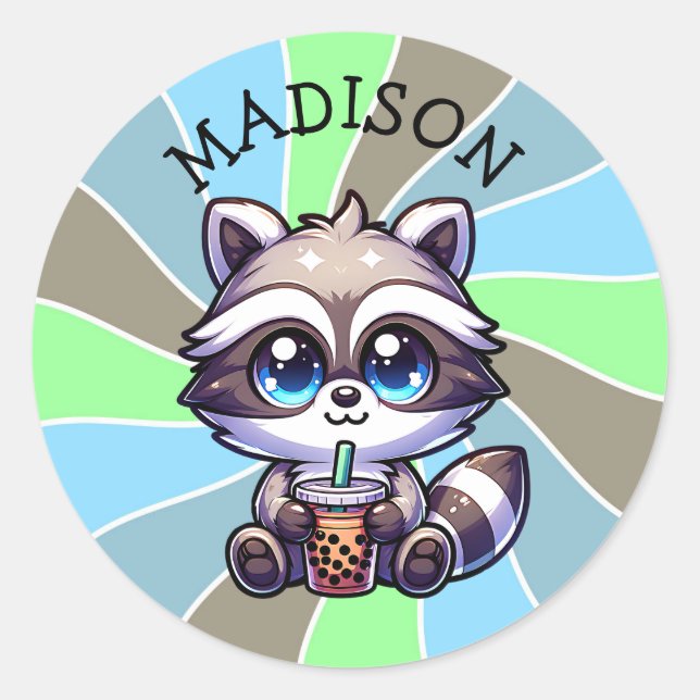 Niedlich Kawaii Raccoon mit Bubble Tee Personalisi Runder Aufkleber (Vorderseite)