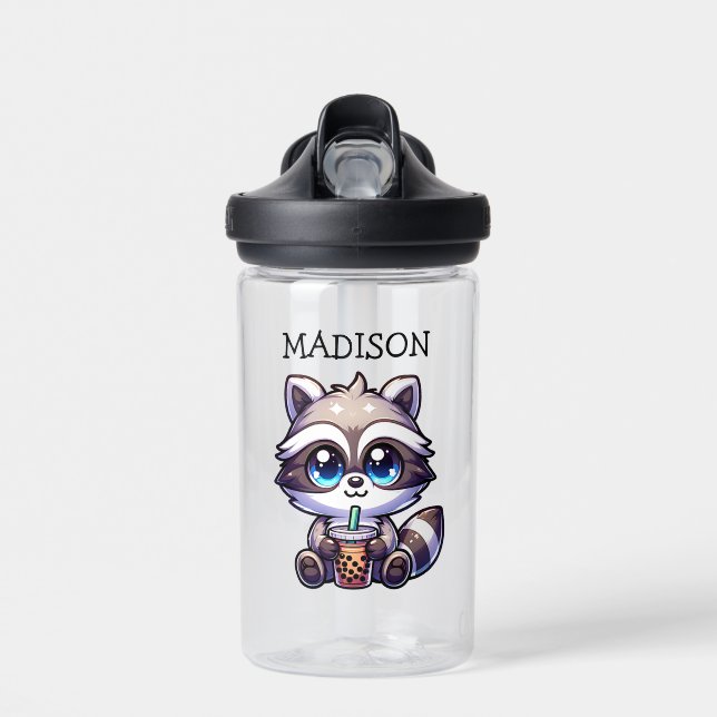 Niedlich Kawaii Raccoon mit Bubble Tee Personalisi Trinkflasche (Vorne)