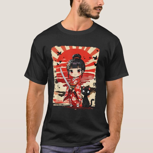 Niedlich Kawaii Samurai Girl and Cat Japanisch Ani T-Shirt (Vorderseite)