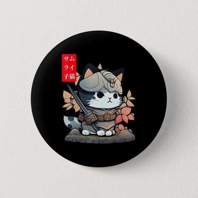 Niedlich Kawaii Samurai Warrior Kawaii Cat Japanis Button (Vorderseite)