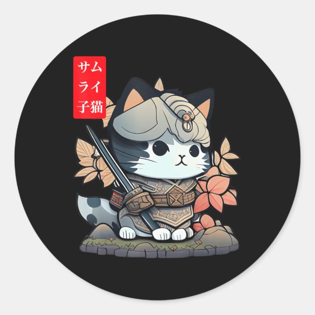 Niedlich Kawaii Samurai Warrior Kawaii Cat Japanis Runder Aufkleber (Vorderseite)
