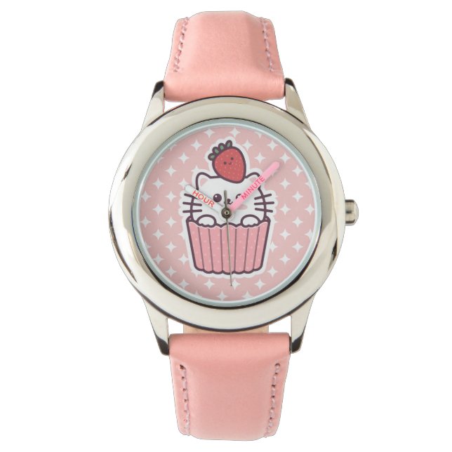 Niedlich Kawaii Strawberry Cat Cupcake Cartoon Armbanduhr (Vorderseite)