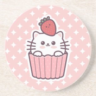 Niedlich Kawaii Strawberry Cat Cupcake Cartoon Getränkeuntersetzer