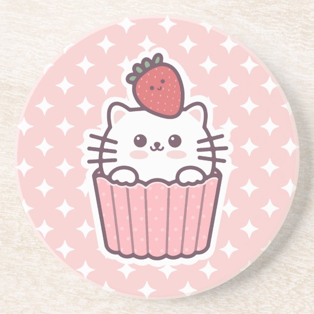 Niedlich Kawaii Strawberry Cat Cupcake Cartoon Getränkeuntersetzer (Vorne)