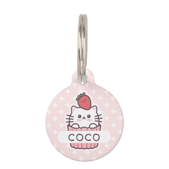 Niedlich Kawaii Strawberry Cat Cupcake Cartoon Haustiermarke (Vorderseite)