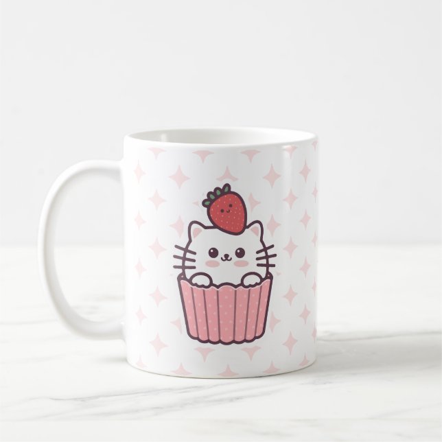 Niedlich Kawaii Strawberry Cat Cupcake Cartoon Kaffeetasse (Links)