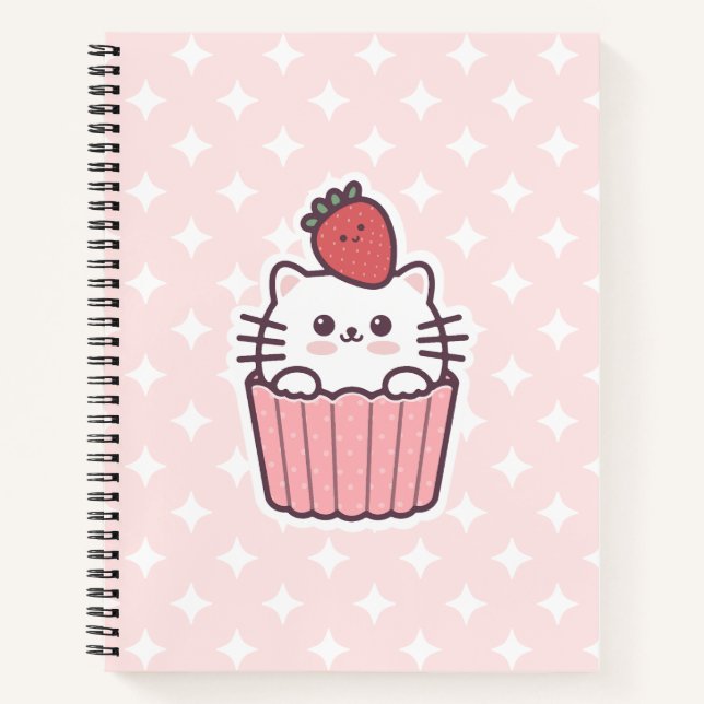 Niedlich Kawaii Strawberry Cat Cupcake Cartoon Notizbuch (Vorderseite)