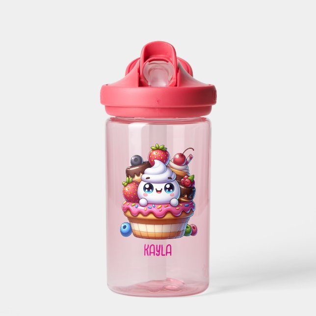 Niedlich Kawaii Strawberry Cupcake Personalisiert Trinkflasche (Vorne)