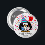 Niedlich Kid 1. Happy Birthday Pinguin Button<br><div class="desc">Dieses niedliche, lustige, einzigartige Design hat einen Cartoon-Pinguin, der ein Geburtstagsgeschenk und einen Geburtstagskuchen trägt und einen niedliche Geburtstag-Hut mit einem farbenfrohen Polka-Dot-Hintergrund auf der Vorderseite trägt, mit den Worten "Happy Birthday Taylor". Und die Worte: "Ich hoffe, wenn heute alles fertig ist, können Sie sagen, dass Ihr Geburtstag Spaß gemacht...</div>
