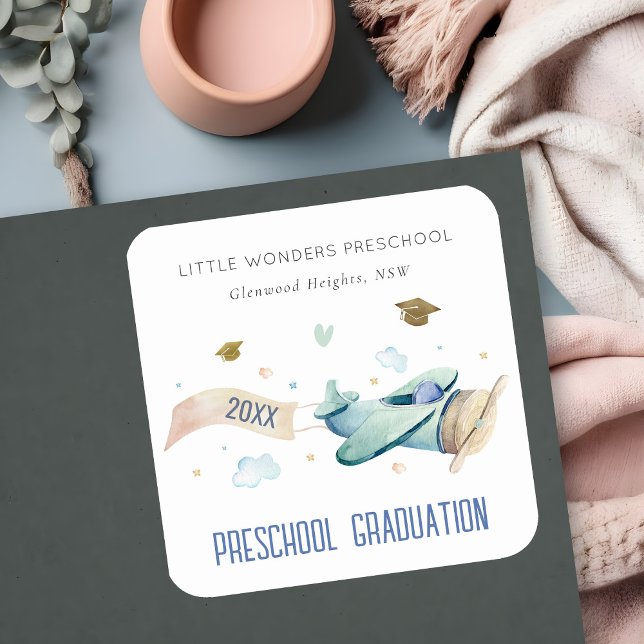 Niedlich Kids Airplane Sky Stars Preschool Abschlu Quadratischer Aufkleber (Von Creator hochgeladen)