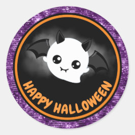 Niedlich Kids Bat & Lila Glitzer Happy Halloween Runder Aufkleber