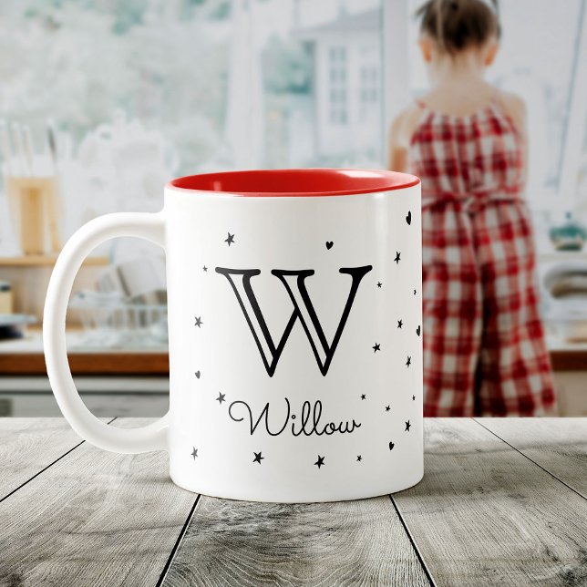 Niedlich Kids Custom Monogram + Name Stars Hearts Zweifarbige Tasse (Von Creator hochgeladen)