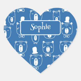 Niedlich Kids Gentleman Bear in Hat Blue Herz-Aufkleber
